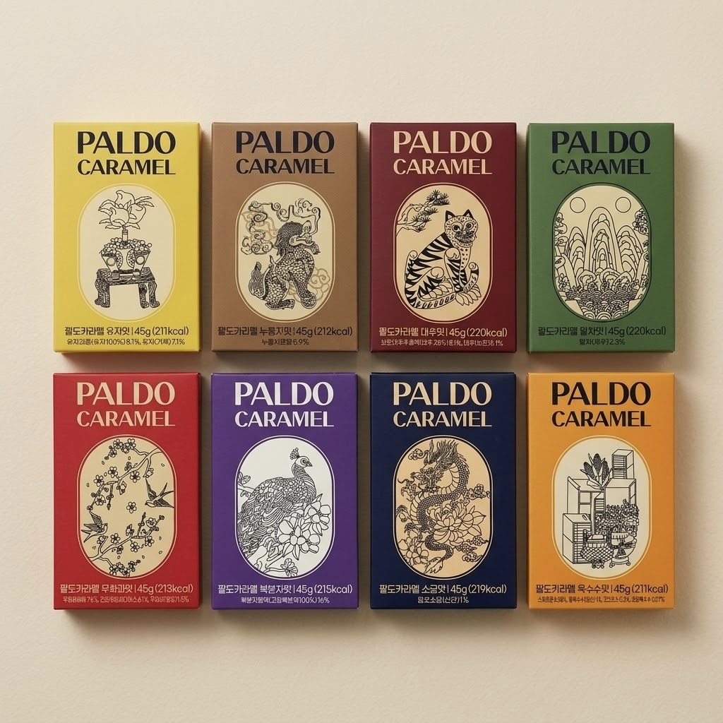 팔도카라멜 45g (누룽지, 대추, 말차, 무화과, 복분자, 소금, 옥수수, 유자)