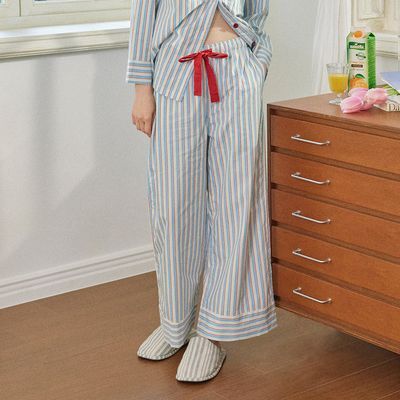 휘게 언더웨어 스트라이프 패턴 롤리팝 파자마 코튼 면 롱 9부 팬츠  홈웨어 이지웨어 - 블루