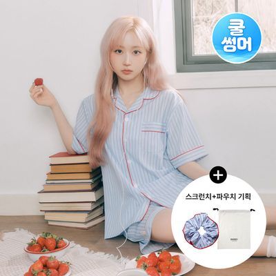 [쿨썸머] 베러PICK 패키지 도씨 실크핏 클로에 반팔 파자마 세트(스크런치+파우치 기획)