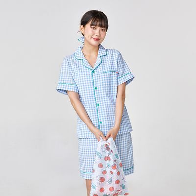 [버터샵] 베지갱 토마토 시어서커 반팔 파자마 상하세트 M 공용 블루체크