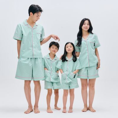 제로어클락 순면 키위그린 스트라이프 여름잠옷 홈웨어 세트 커플 파자마