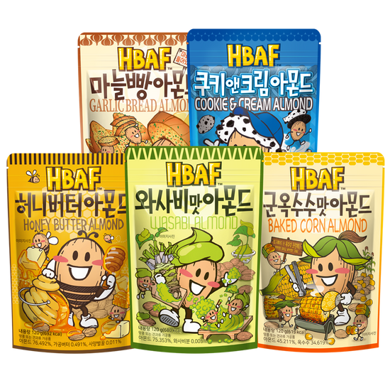 HBAF 아몬드 120g 5종모음(쿠키앤크림, 군옥수수, 와사비맛, 허니버터, 마늘빵) 가격 추이 HBAF HBAF 아몬드 120g 5종모음(쿠키앤크림, 군옥수수, 와사비맛, 허니버터, 마늘빵) - 최저가 5,450원