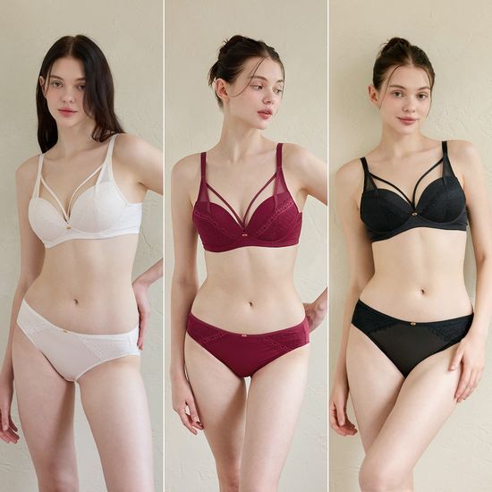 원더브라 하트핏 노와이어 브라팬티 6종세트 오트밀+레드+블랙 WBW4O091011_T